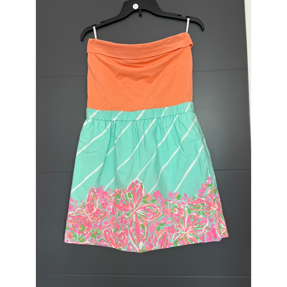 Lilly Pulitzer Orange Mint Green Butterfly Floral Strapless Dress Pockets Medium